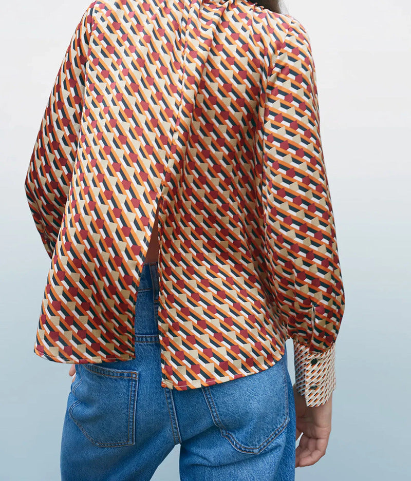 Women's Geometric Pattern Printed Long-sleeved Loose-fitting Shirt