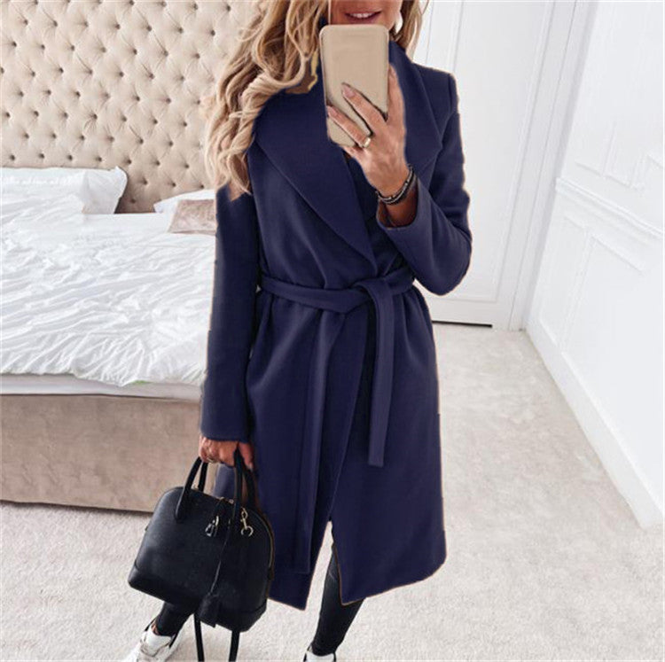 Women's Solid Mid Length Lapel Tie Jacket