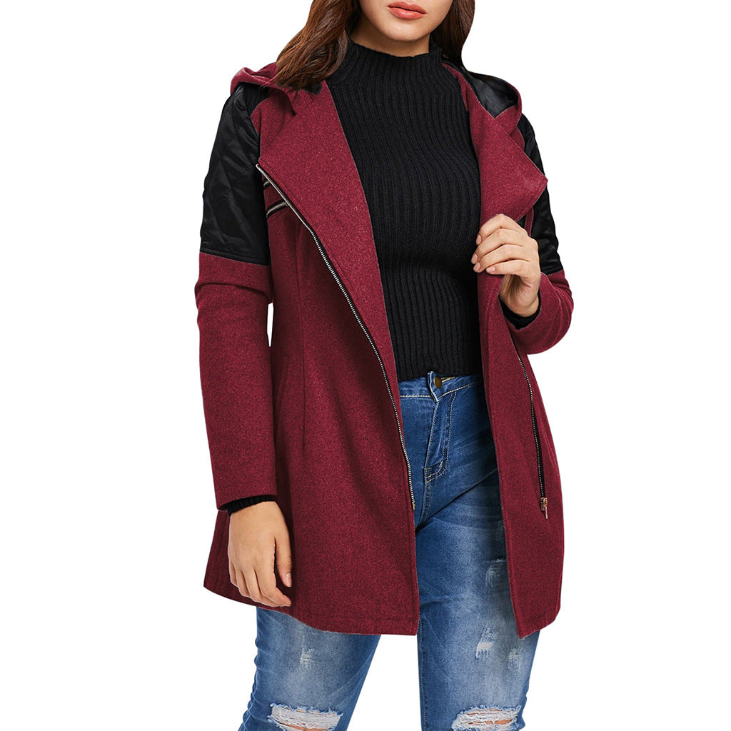 Hooded loose diagonal zipper woolen coat