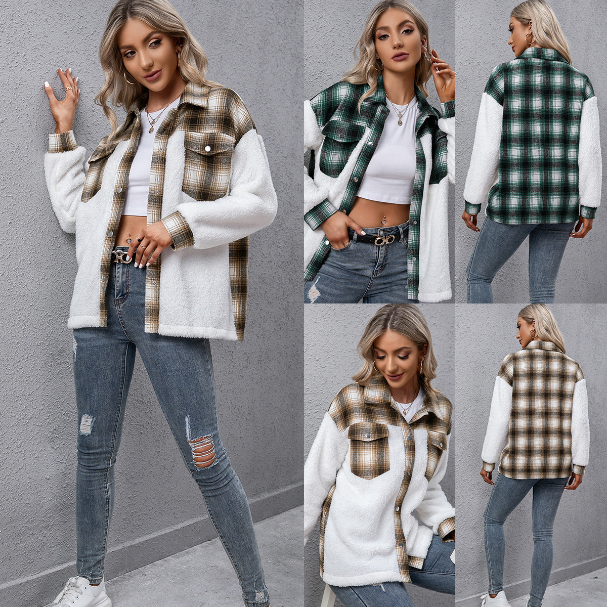 Women's Casual Plush Shirt Plaid Jacket Coat Top