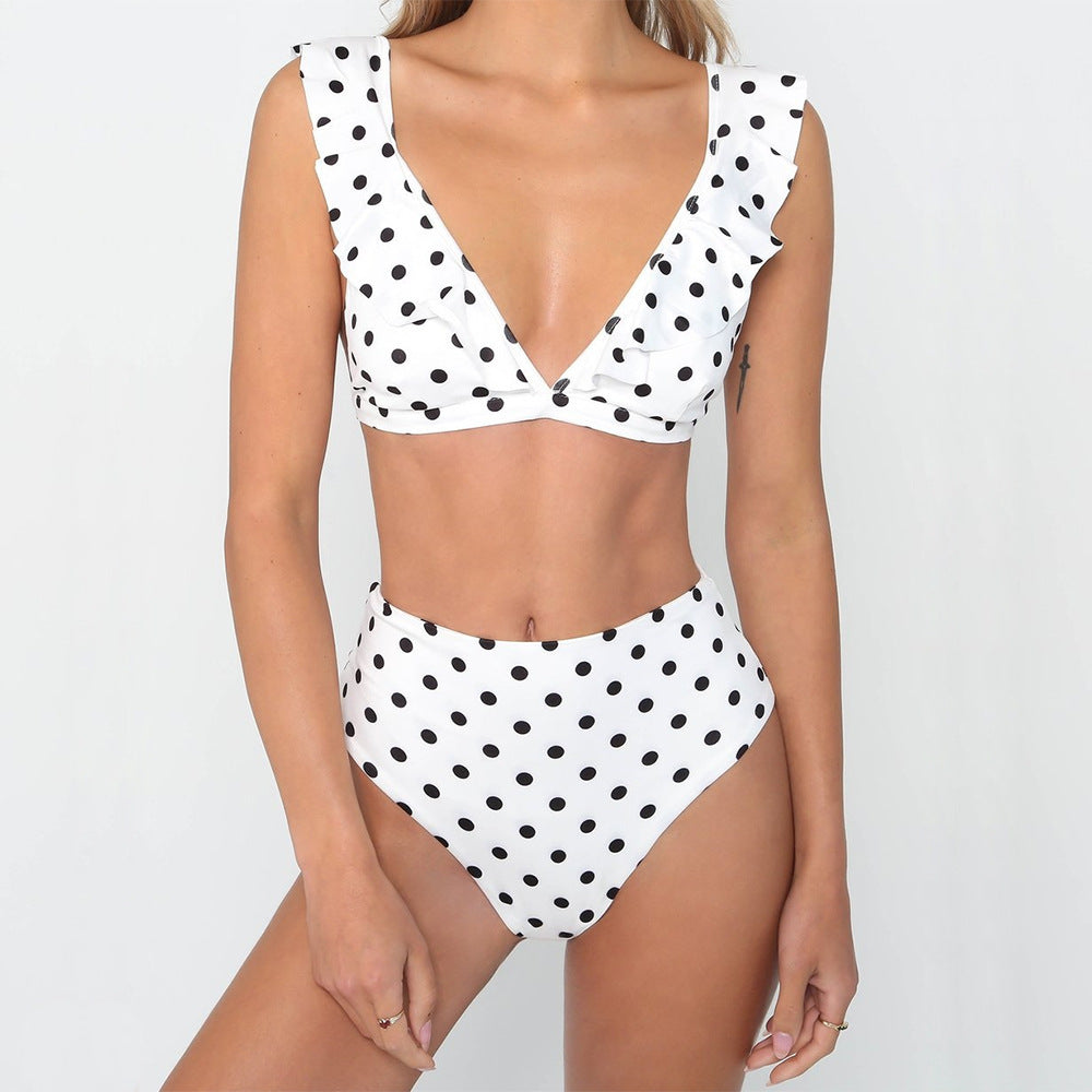 2pcs Black And White Polka Dot Print Swimsuit Ruffled Deep V-neck Bikini Set Summer Beach Womens Clothing