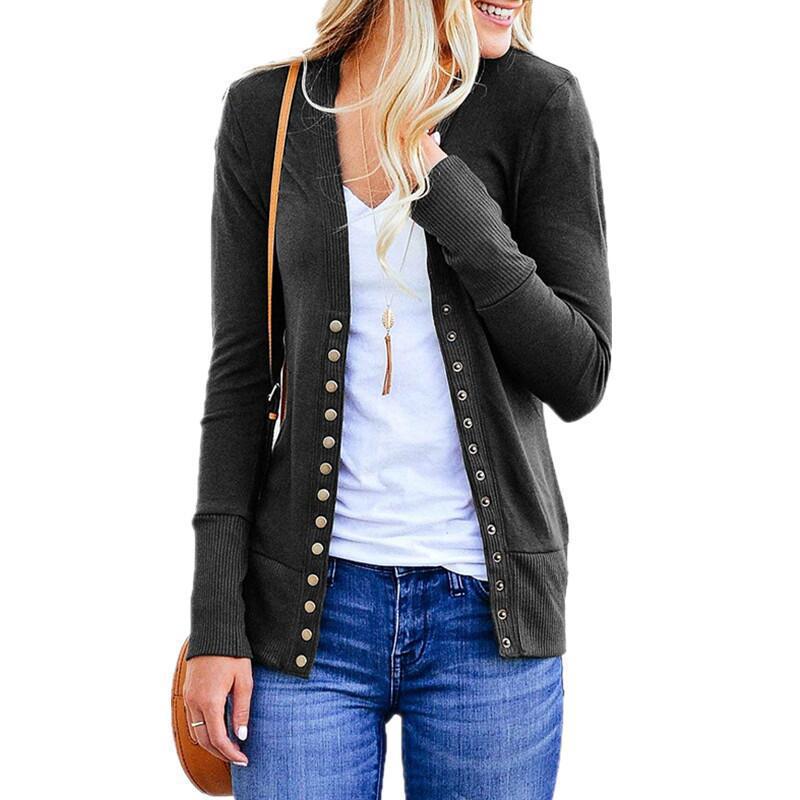 Women's Long Solid V-Neck Long Sleeve Button Cardigan Jacket