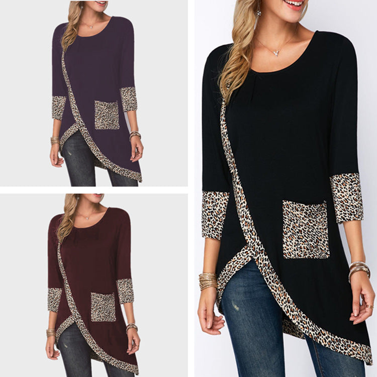 Round Neck Leopard Print Trim Sleeve Lining