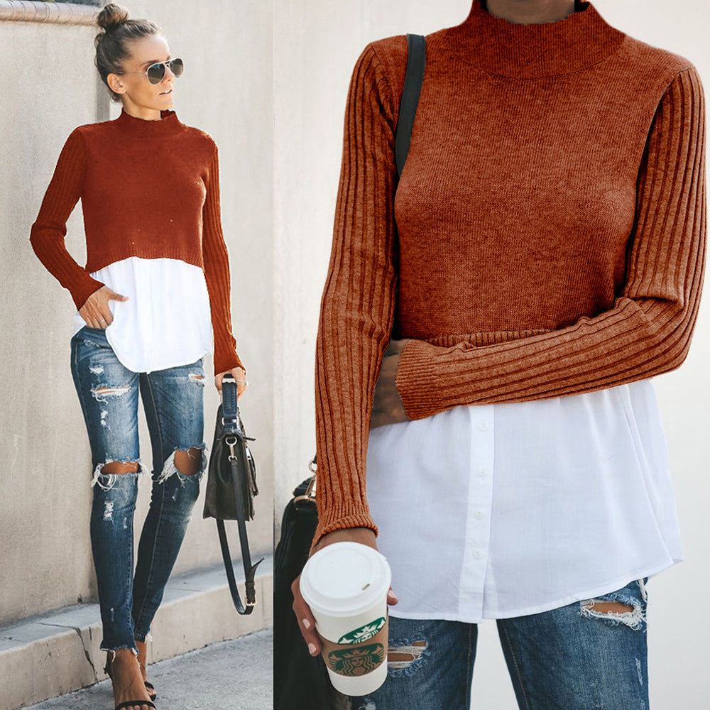 Stitching long sleeve button top for women