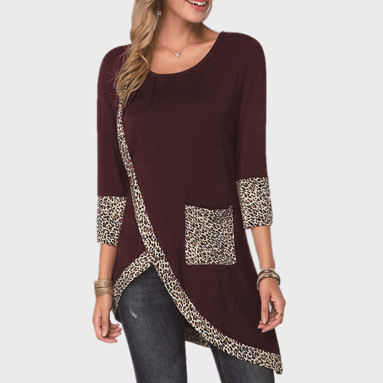 Round Neck Leopard Print Trim Sleeve Lining