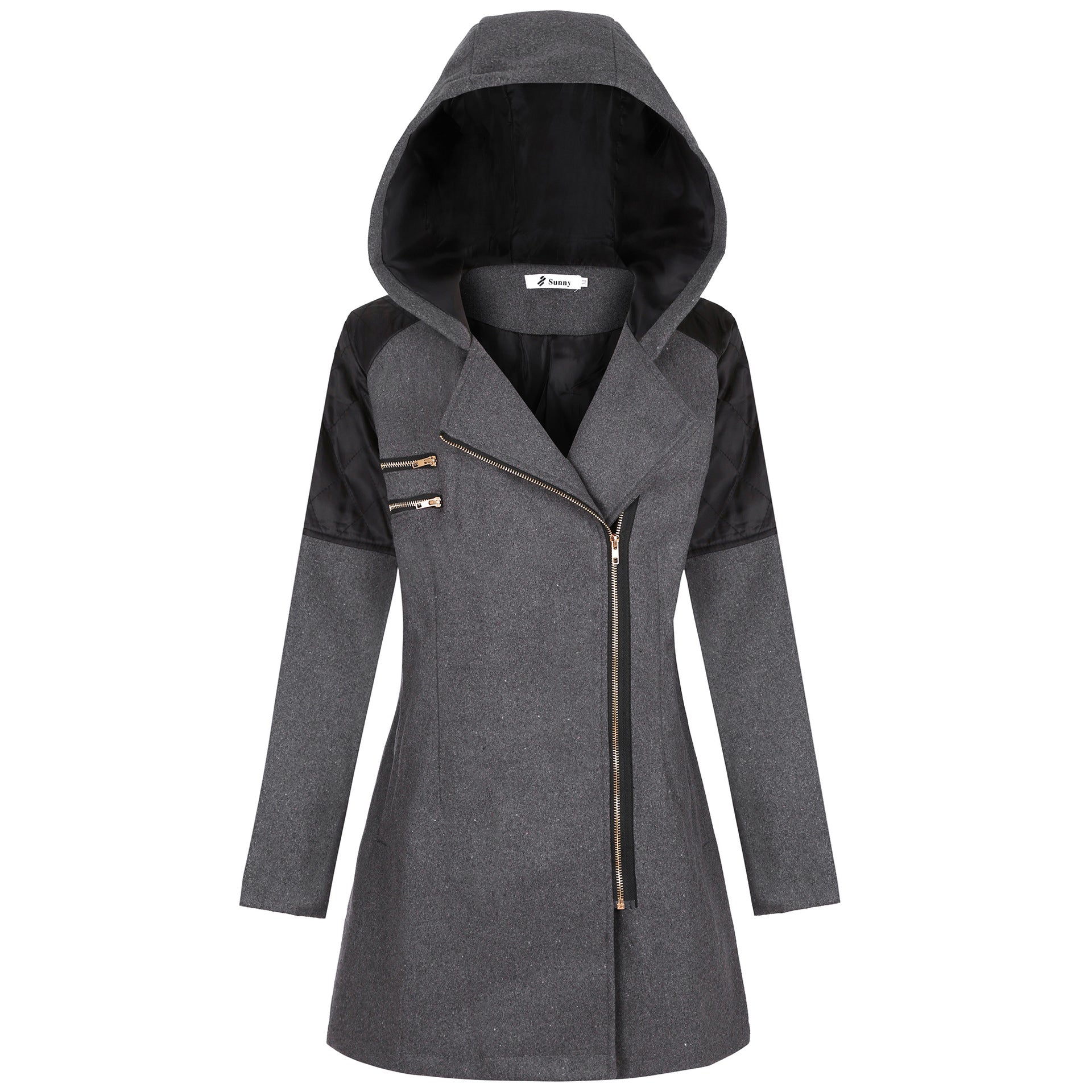 Hooded loose diagonal zipper woolen coat