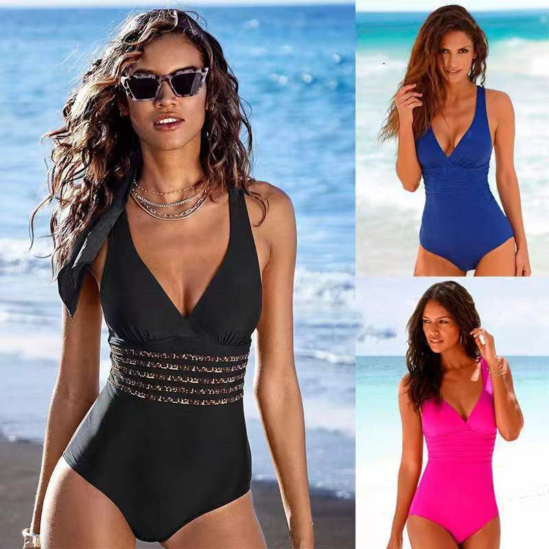 Covering Belly Thin Exposed Back Pure Color Bikini One Piece Swimsuit