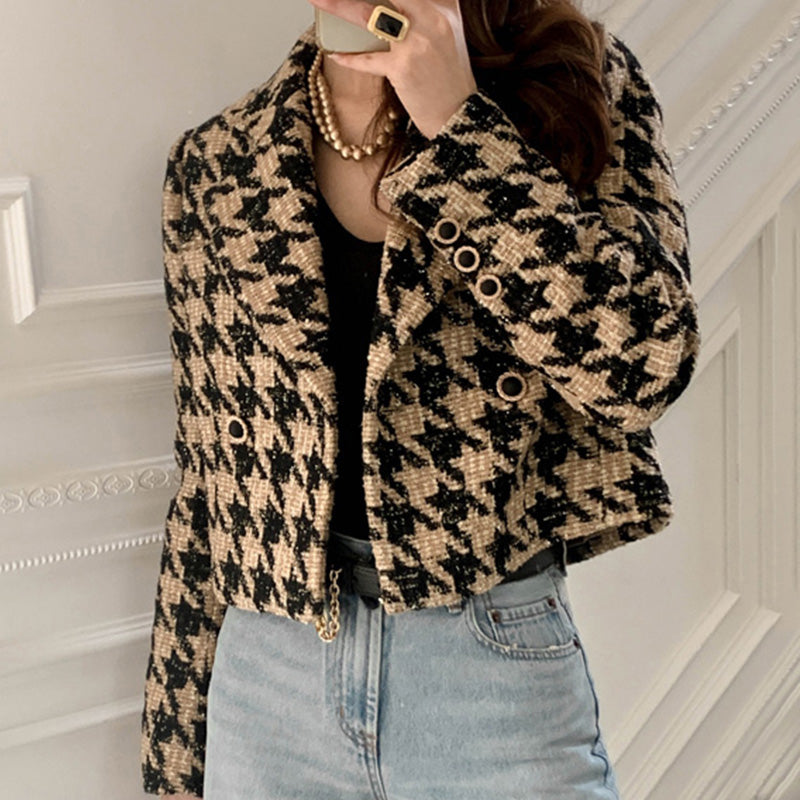 Women's Short Cardigan Thick Houndstooth Jacket