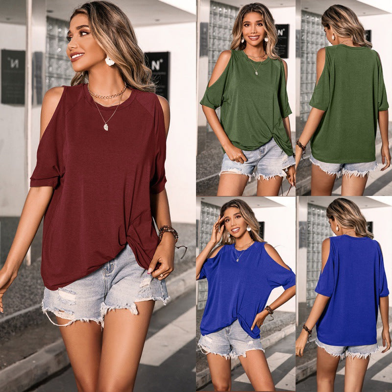 Off Shoulder Short Sleeve T-Shirt Crew Neck Knit Top Women