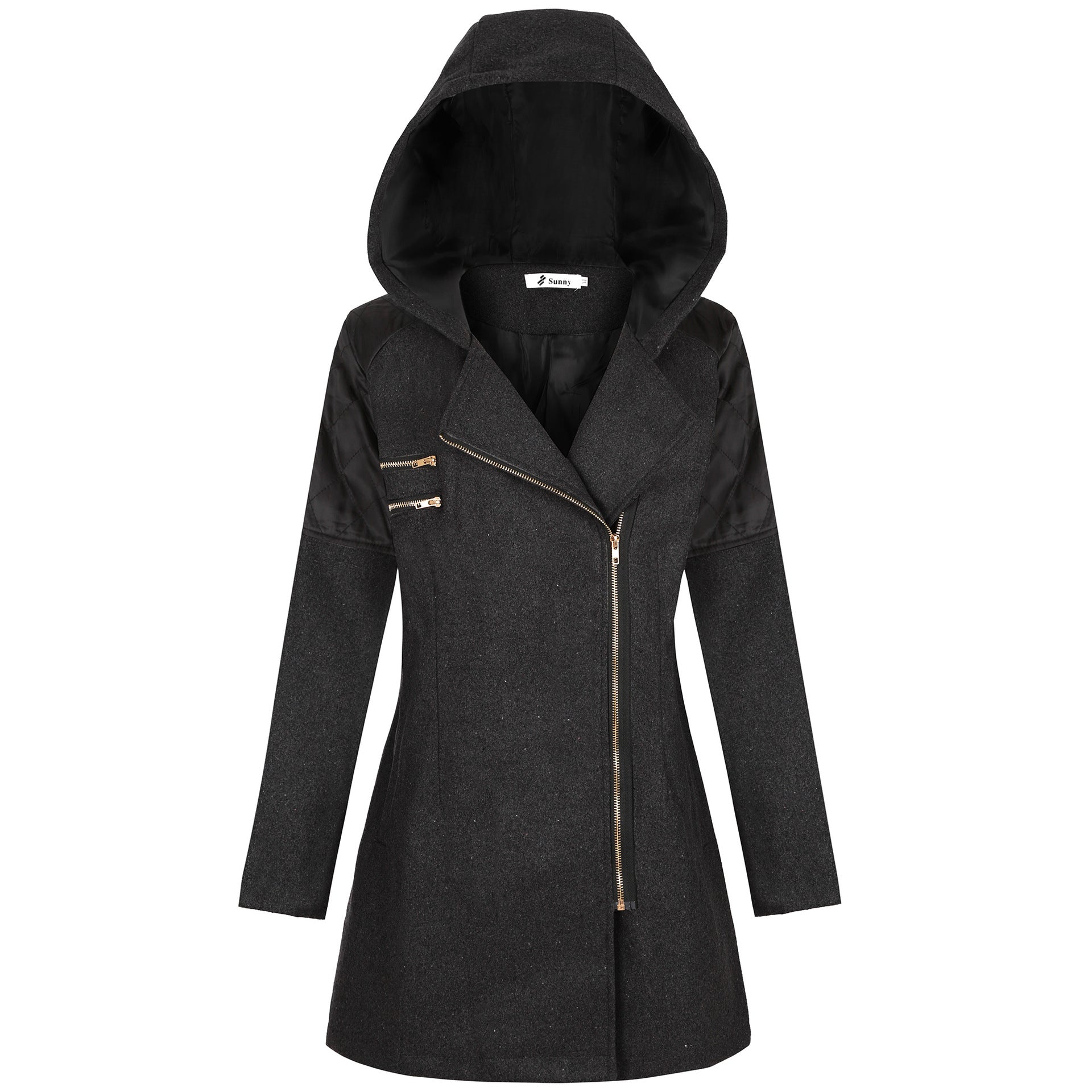 Hooded loose diagonal zipper woolen coat