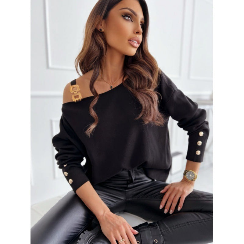 Fashion Chain Button Decoration Long Sleeved Top For Women