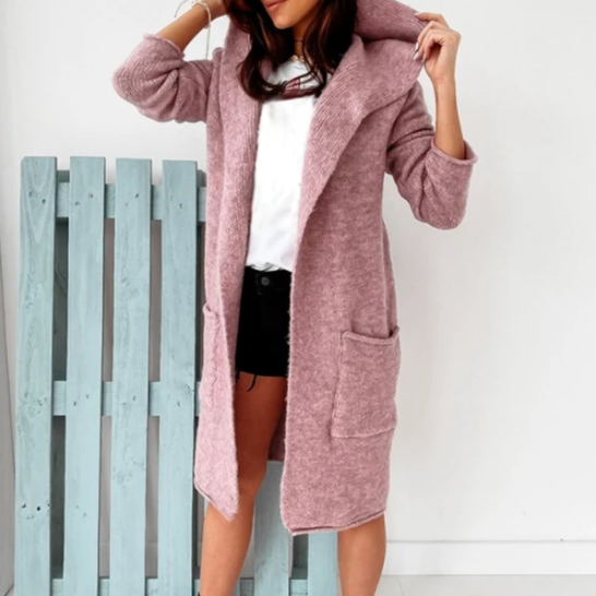 Pocket hooded knitted cardigan jacket