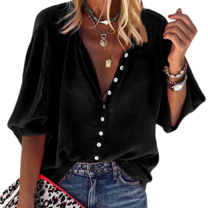 Solid color long sleeve V-neck button women top