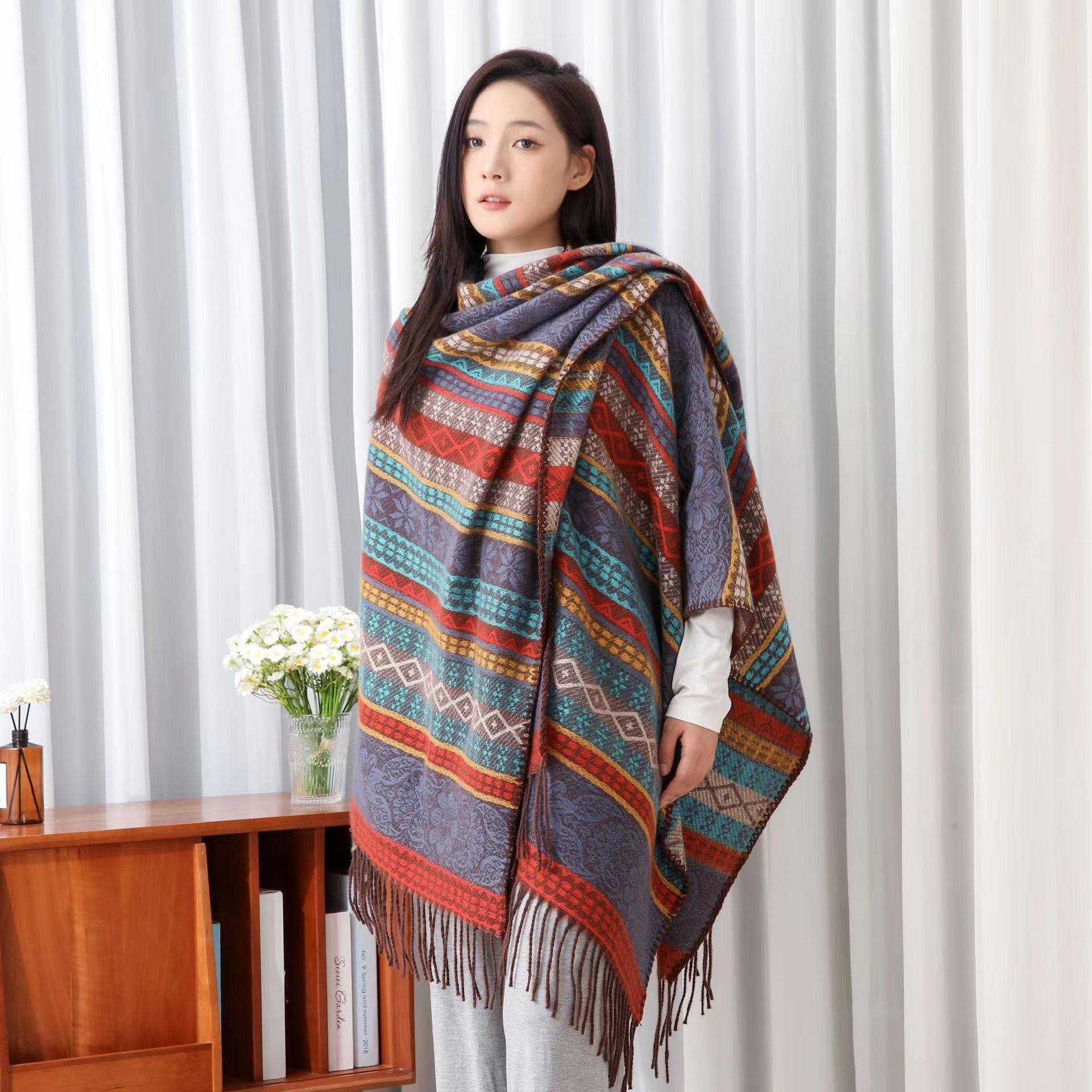 Women's Printed Ethnic Style Shawl Outer Match Cloak