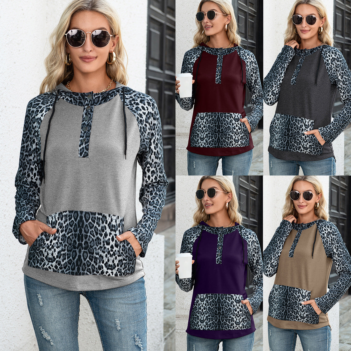 Beautiful Leopard Print And Hooded Long-sleeved Sweater Top Women