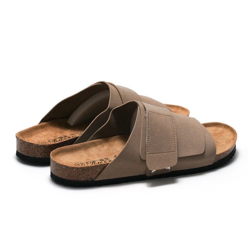 Couple Beach Wear Leather Surface Cork Sandals