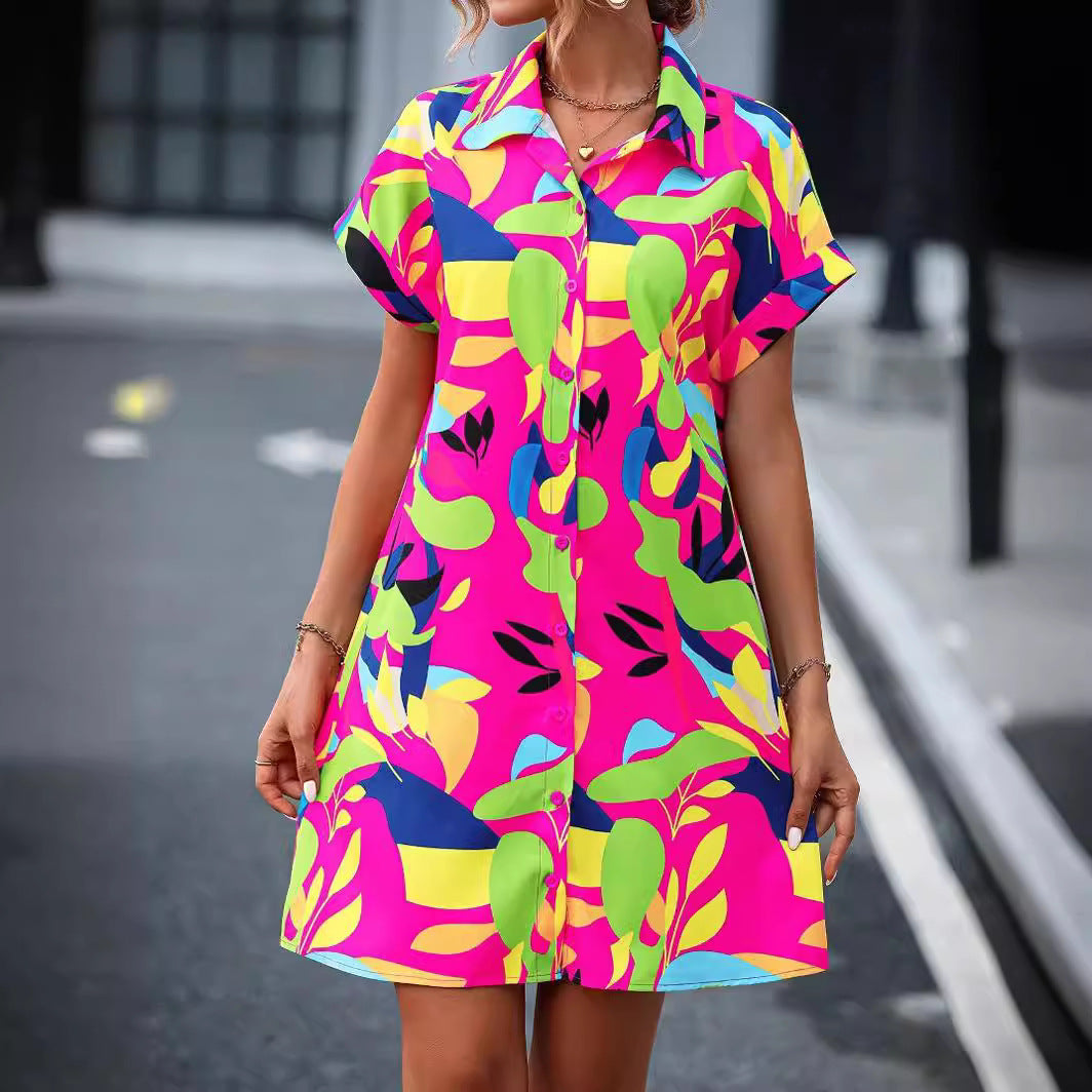 New Floral Print Short Sleeve Shirt Dress Summer Fashion Lapel Loose A-line Dresses For Womens Clothing