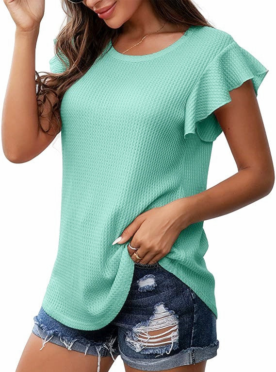 Solid Color Waffle Loose Short Sleeve Round Neck Ruffle Sleeve Top Women