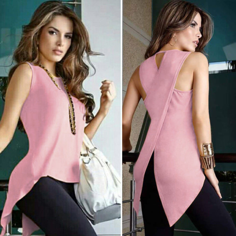 Fashionable Back Slit Irregular Top T-shirt Women