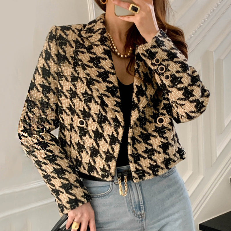 Women's Short Cardigan Thick Houndstooth Jacket