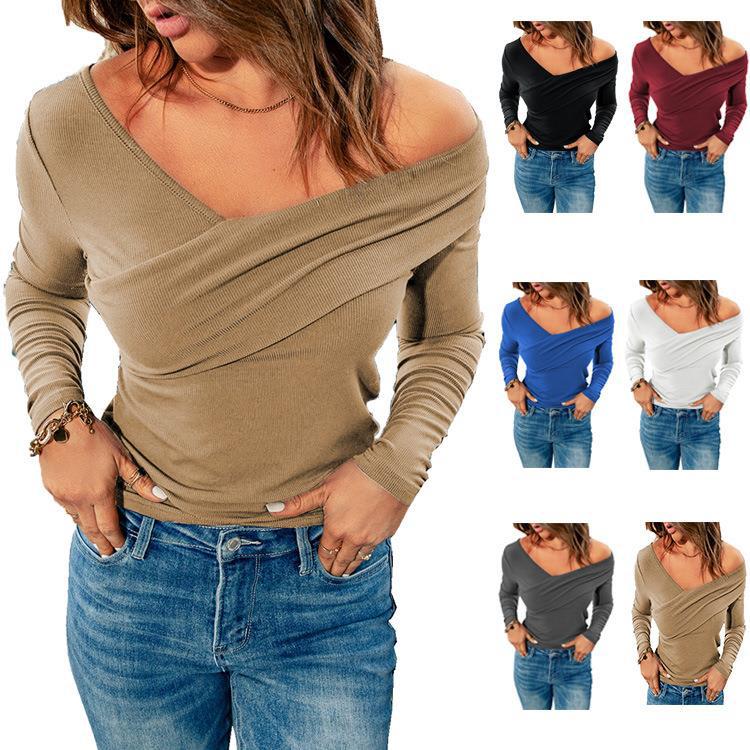 Solid V-neck Off Shoulder Long Sleeve Wrap Top For Women