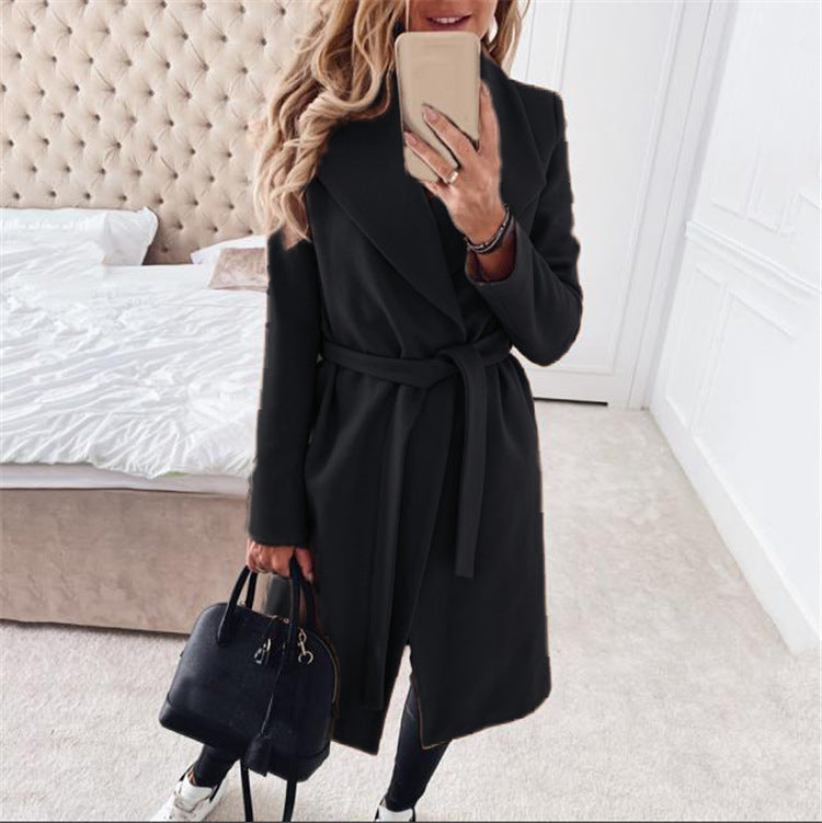 Women's Solid Mid Length Lapel Tie Jacket