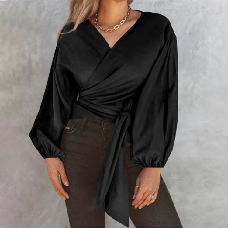 Top Long Sleeve Solid Color Lantern Sleeve Tie Irregular Shirt