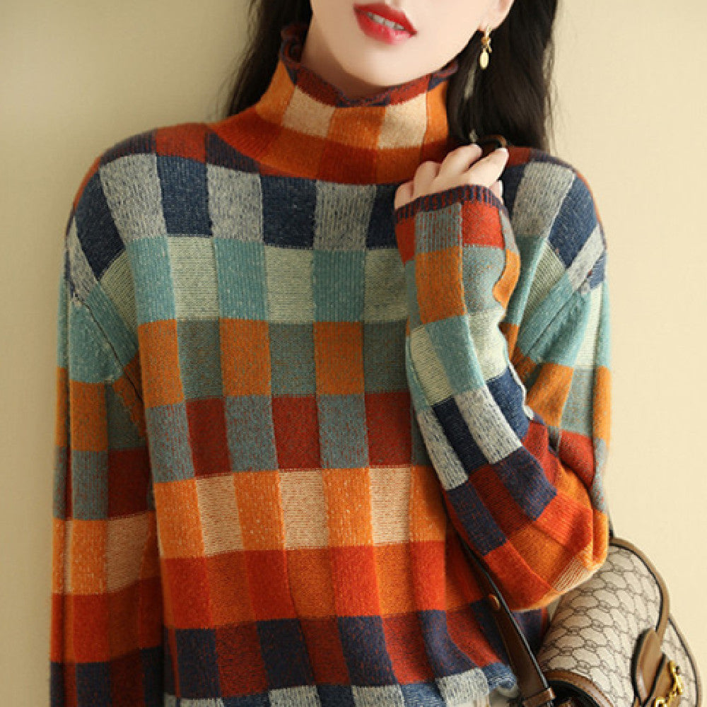 Women's Fashionable Personality Colorful Checkerboard Sweater