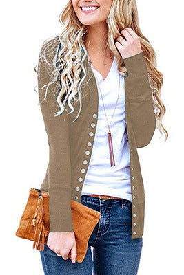 Women's Long Solid V-Neck Long Sleeve Button Cardigan Jacket