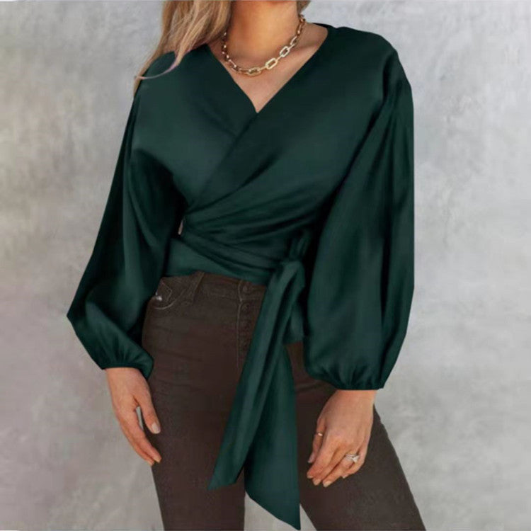 Top Long Sleeve Solid Color Lantern Sleeve Tie Irregular Shirt