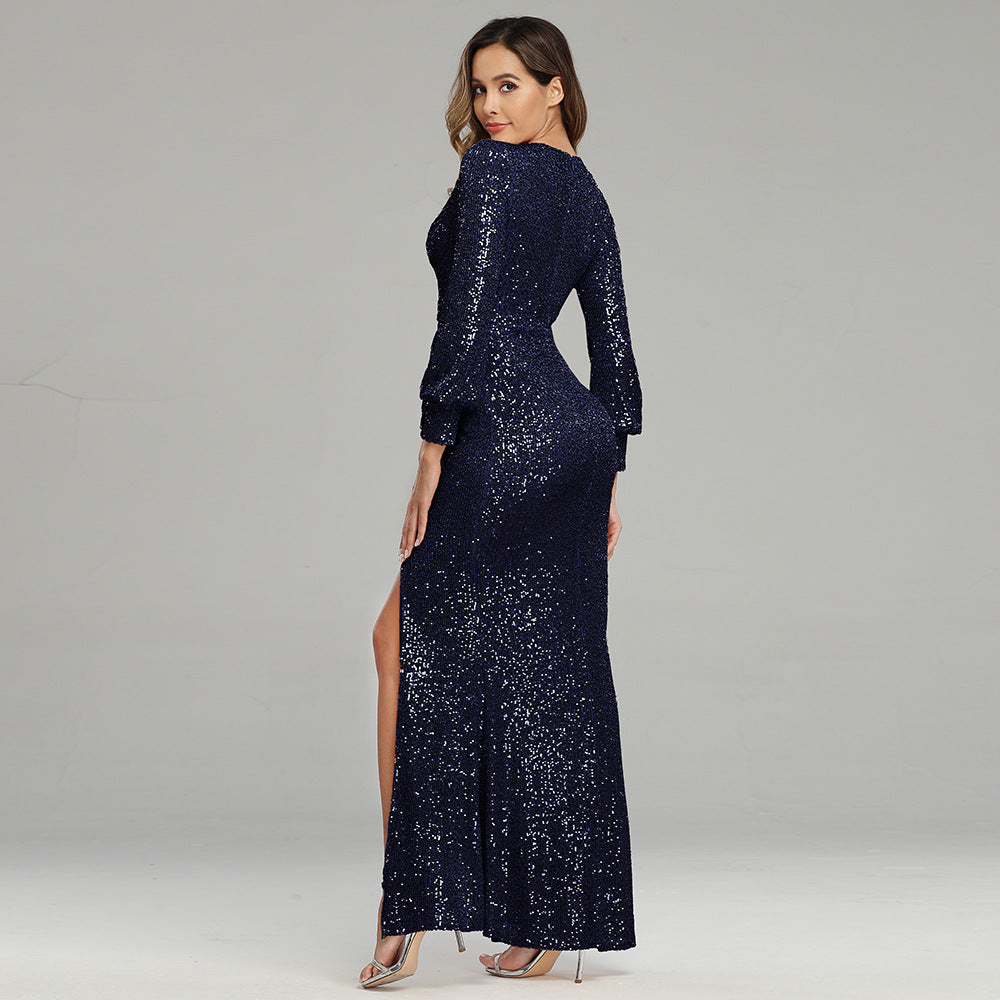 Fantasy Celebrity Sexy High Slit Long Sleeve Sequined Banquet Evening Dress Women