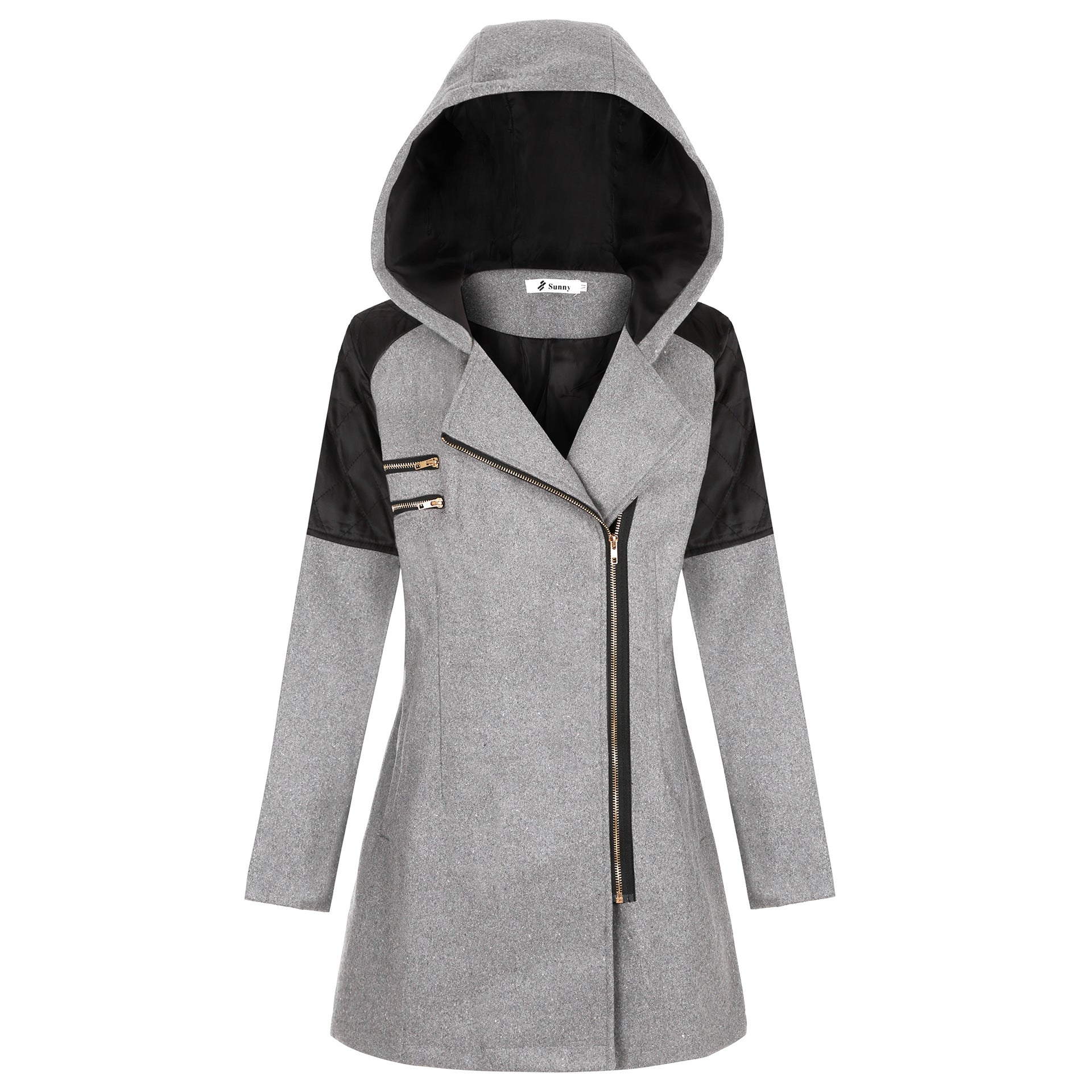 Hooded loose diagonal zipper woolen coat