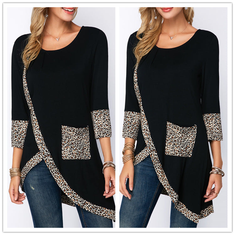 Round Neck Leopard Print Trim Sleeve Lining