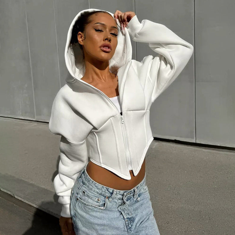 Zip-Up Hoodie Cardigan – Y2K Streetwear Corset Jacket with Long Sleeves