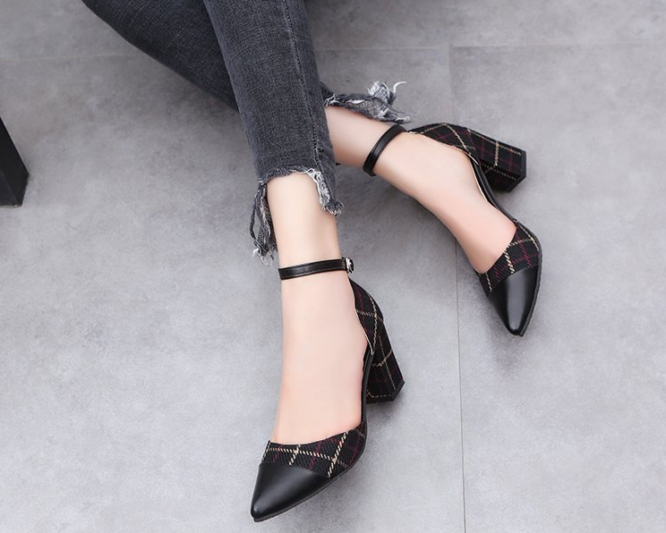 Thick heel high heels fashion color matching buckle shoes