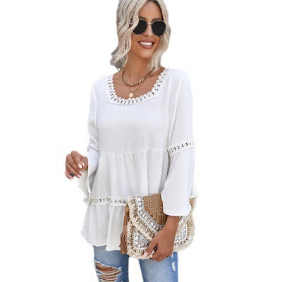 Fashion Lace Round Neck Flared Sleeve Halter Top Women