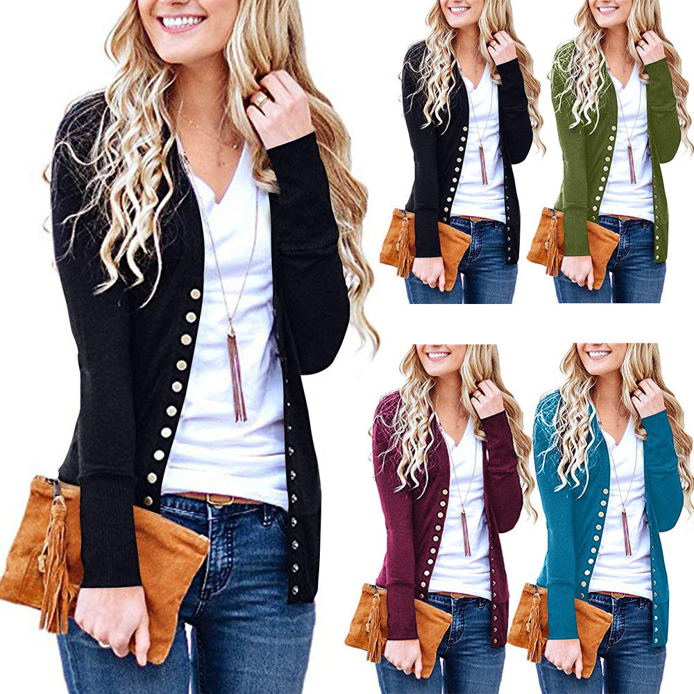 Women's Long Solid V-Neck Long Sleeve Button Cardigan Jacket