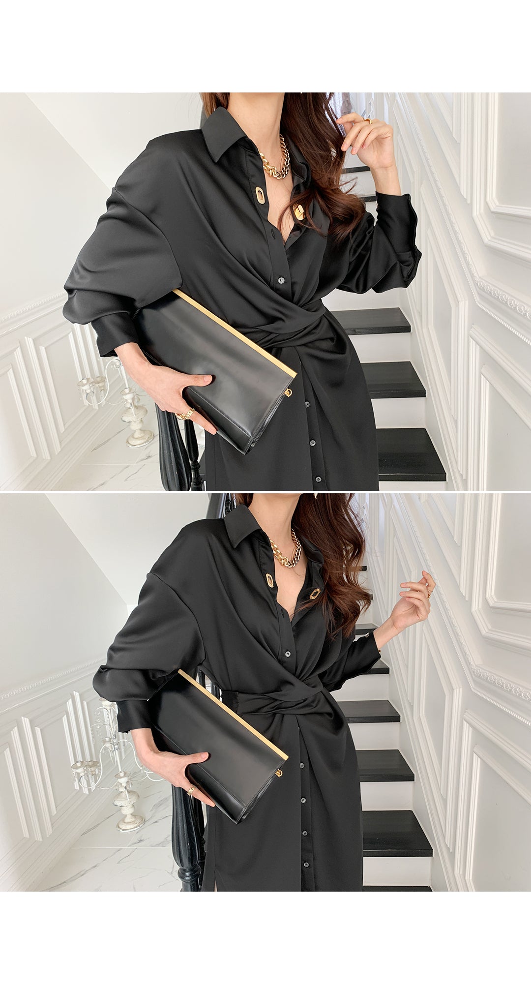 Waist-in-the-waist Long Lantern Sleeve Shirt Dress