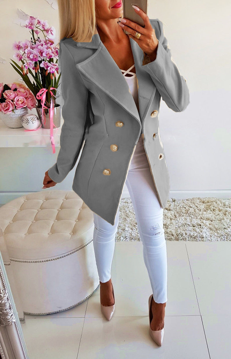 Double Breasted Lapel Solid Jacket For Women