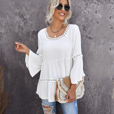 Fashion Lace Round Neck Flared Sleeve Halter Top Women