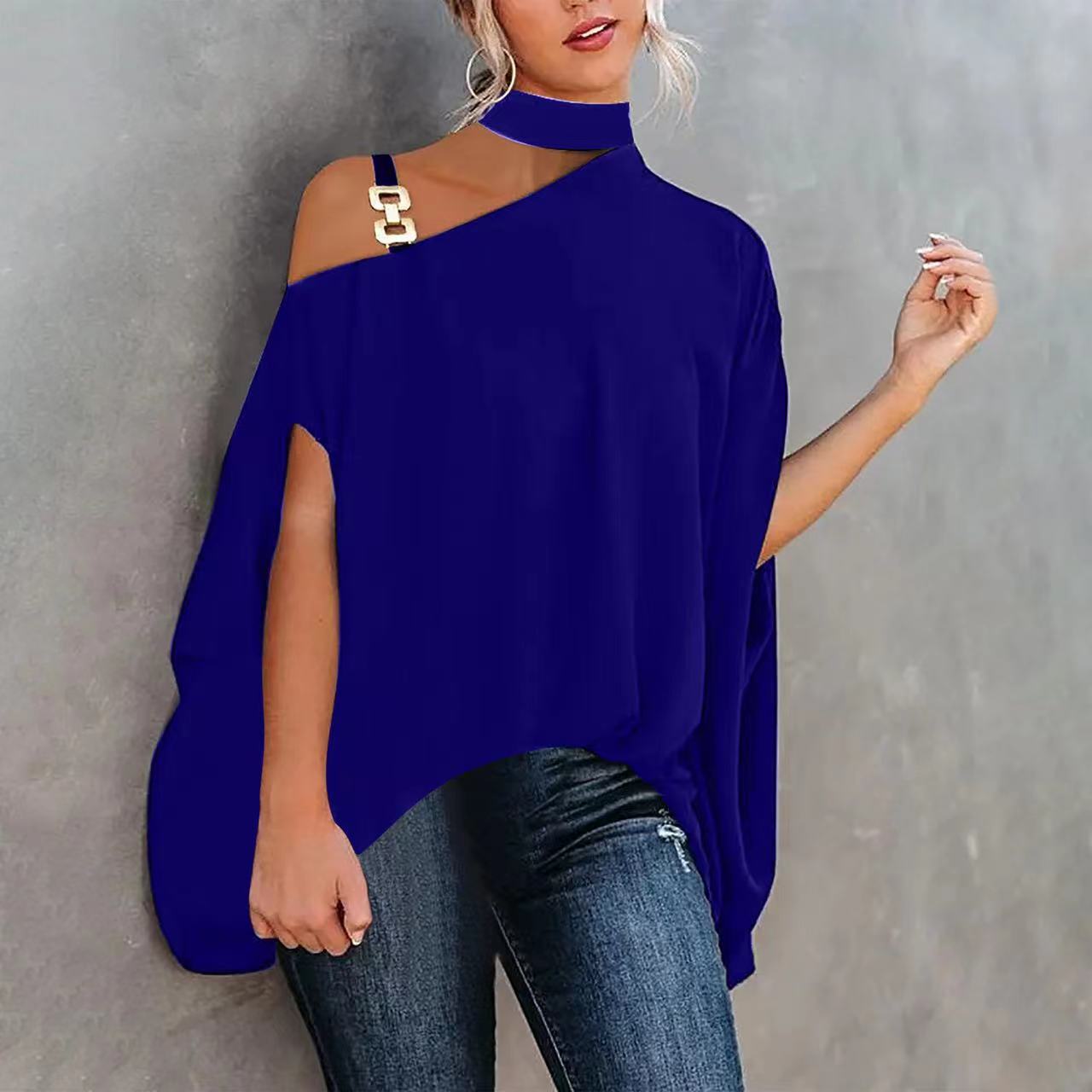 Women's High Neckline Strapless Crossbody Shoulder Cape Short Sleeve Top