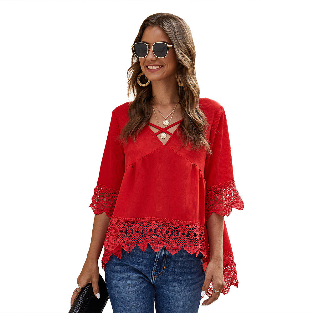 Chiffon Shirt Half Sleeve Lace Hollow Lace Loose Chiffon Top Women