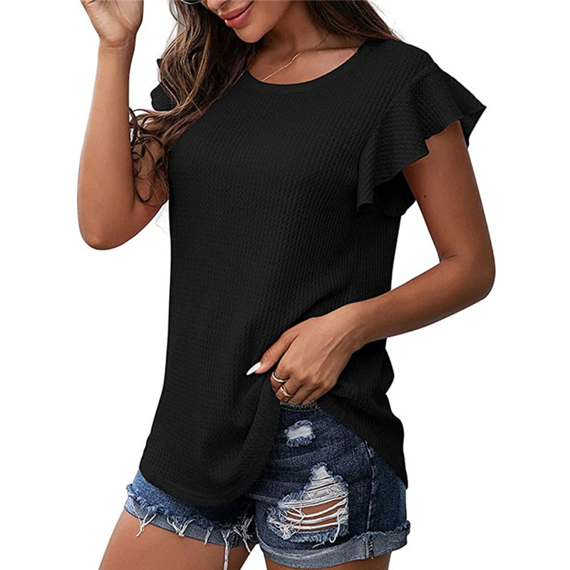 Solid Color Waffle Loose Short Sleeve Round Neck Ruffle Sleeve Top Women