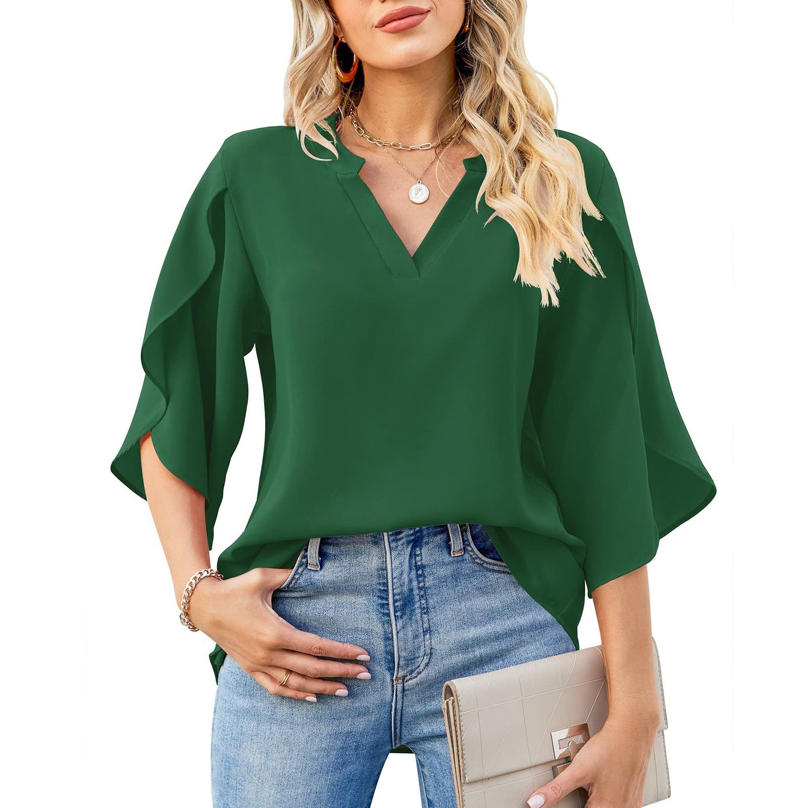 European And American Style Women Petal Sleeve Top Loose V-neck