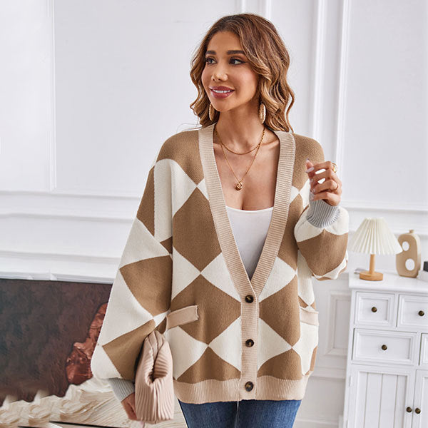 V-neck Rhombus Plaid Patchwork Knitting Cardigan Coat For Women