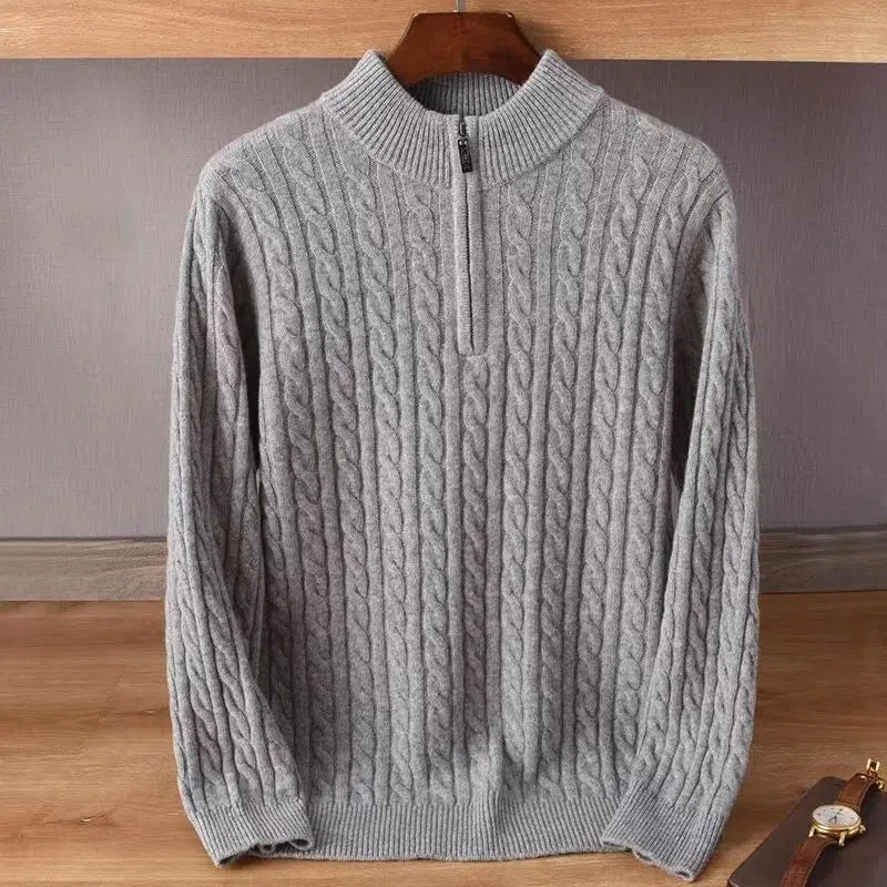 Men's Thick Twist Sweater Zipper Half Open High Collar Warm Sweater Bottoming Shirt