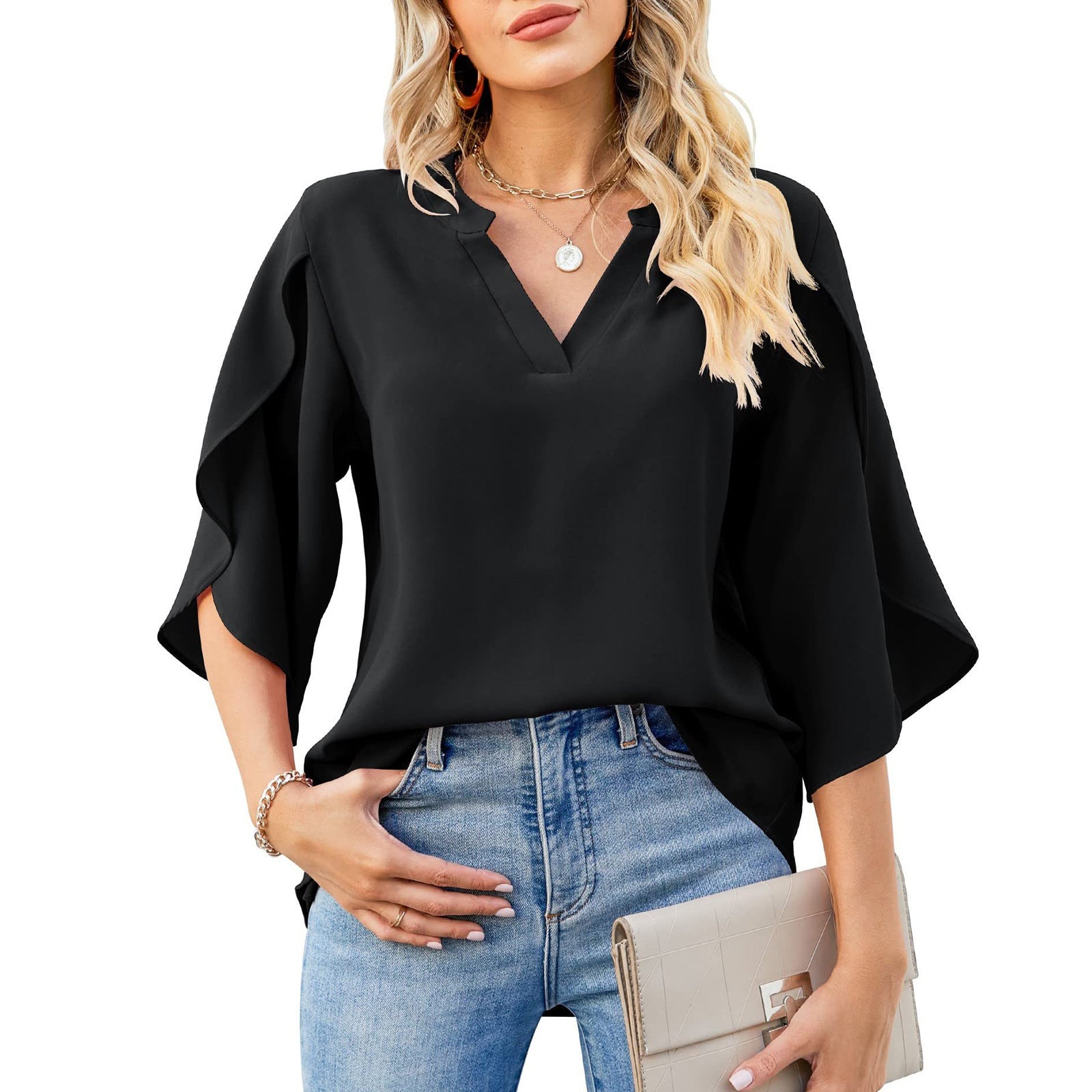 European And American Style Women Petal Sleeve Top Loose V-neck