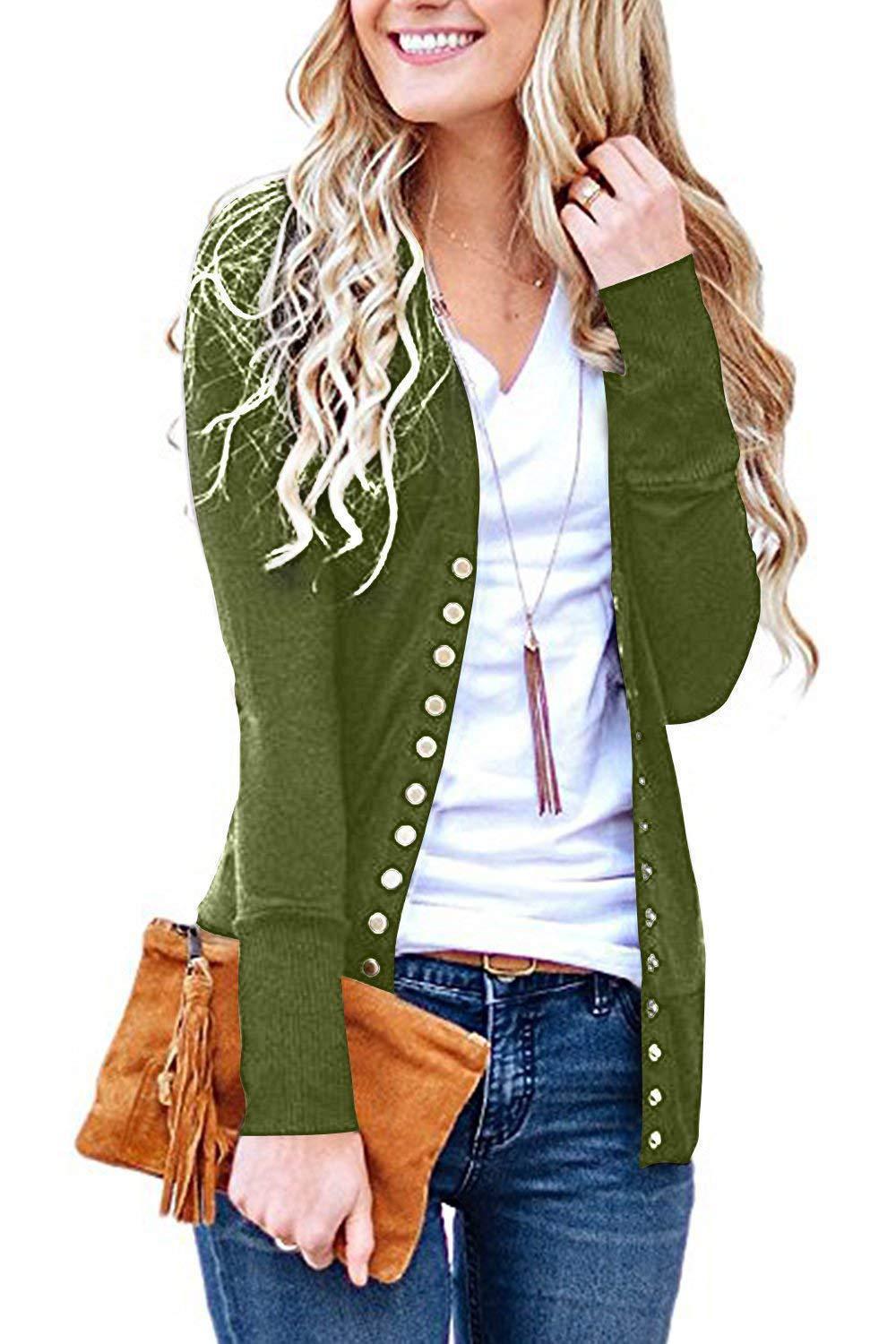 Women's Long Solid V-Neck Long Sleeve Button Cardigan Jacket