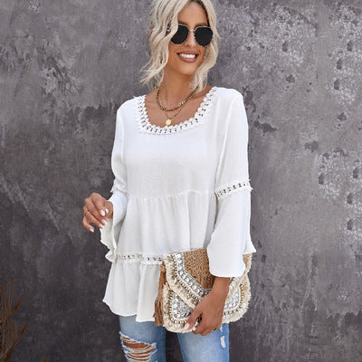 Fashion Lace Round Neck Flared Sleeve Halter Top Women