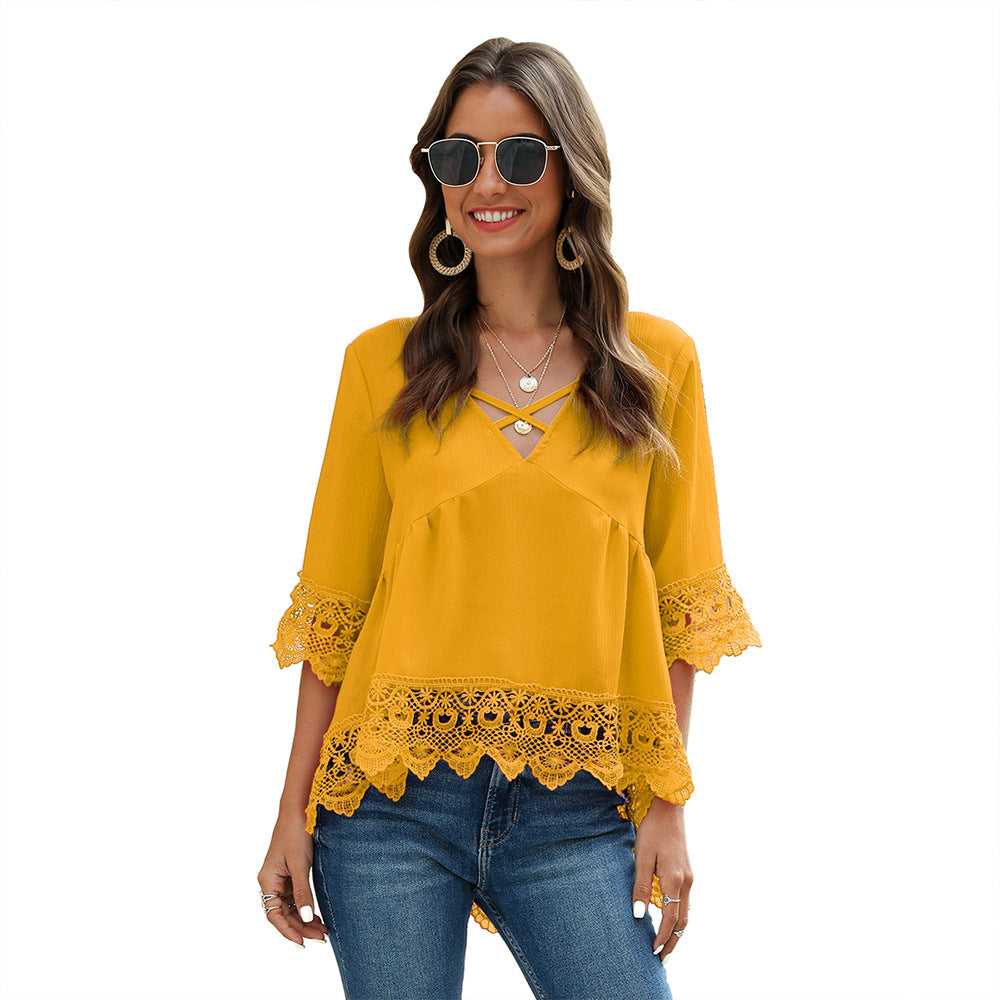 Chiffon Shirt Half Sleeve Lace Hollow Lace Loose Chiffon Top Women